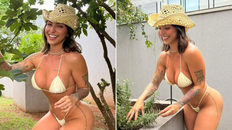 Karol Rosalin posa de biquíni amarelo e chapéu de palha enquanto sorri e mexe em plantas no jardim em fotos das redes sociais