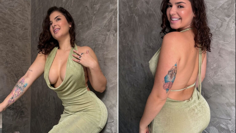 Kerolay Chaves posa com vestido verde decotado e mostra tatuagens no braço e nas costas durante ensaio fotográfico em parede cinza