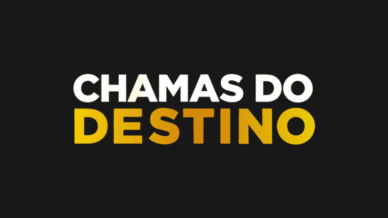 Logotipo da novela Chamas do Destino exibe Chamas em branco e Do Destino em amarelo sobre fundo preto