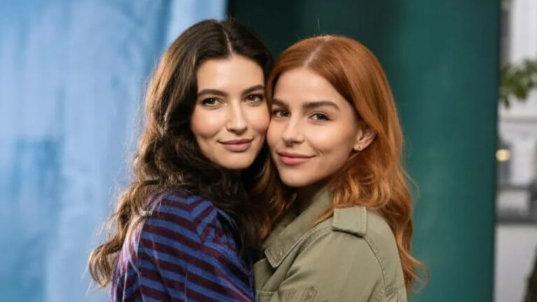 Lorena (Alanis Guillen) e Juquinha (Gabriela Medvedovsky) posam abraçadas e sorridentes em foto promocional da novela Três Graças