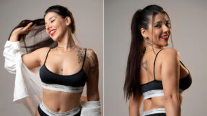 Montagem da atriz Luana Santos com lingerie preta Calvin Klein e camisa branca aberta, sorrindo e jogando o cabelo