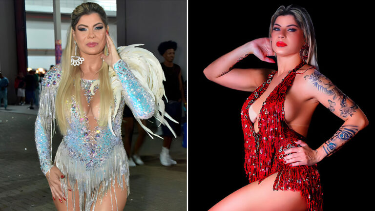Luciana Fontano em montagem com fantasia de Carnaval branca com brilhos e em pose com vestido vermelho curto e franjas de paetês