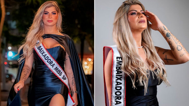 Luciana Fontano, em vestido preto e faixa de Embaixadora Miss SP, em duas fotos de divulgação