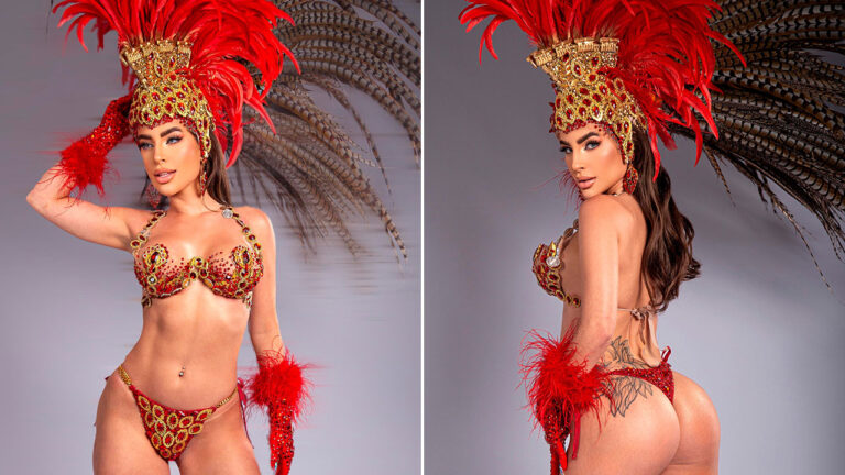 Montagem da musa Mari Marquini com fantasia de carnaval vermelha e dourada, com pedrarias e grande adereço de cabeça com penas
