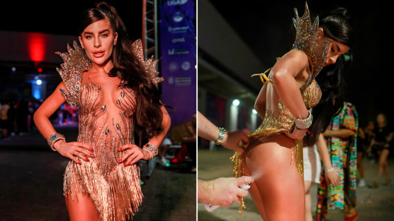 Mari Marquini com fantasia dourada e franjas em close, e em outra cena, recebendo spray nas nádegas para fixação