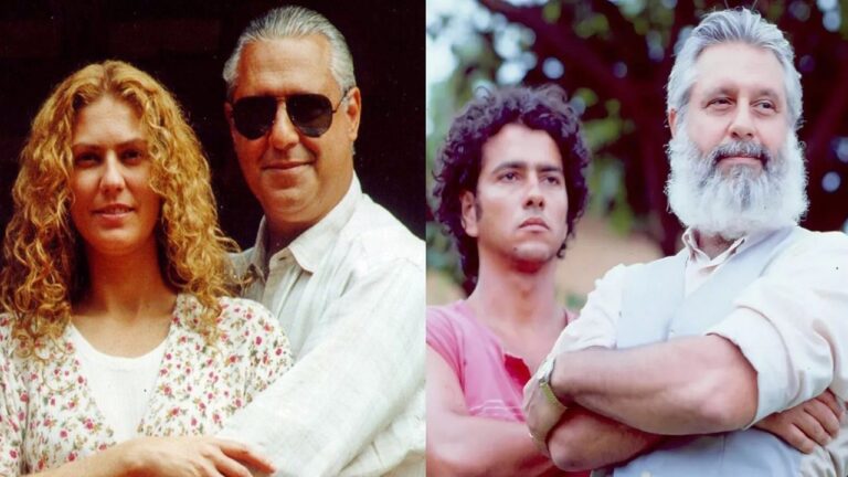 Imagem dividida em duas partes que mostra a evolução de duas pessoas ao longo do tempo. À esquerda, uma mulher de cabelos cacheados claros e um homem de cabelos grisalhos usam roupas claras e posam próximos, olhando para a câmera. À direita, aparecem dois homens mais velhos: um deles tem barba branca e cabelos grisalhos, braços cruzados, enquanto o outro, com cabelos escuros e cacheados, está ao fundo.