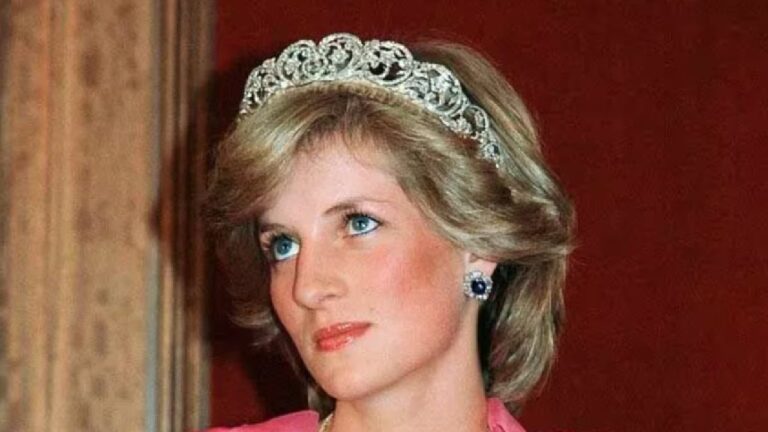 Princesa Diana usa tiara prateada e brincos enquanto posa de perfil em retrato formal com vestido rosa e fundo em tons avermelhados