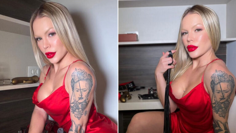 Ravena Hanniely posa com vestido vermelho e batom vibrante exibindo tatuagem no braço em montagem de fotos