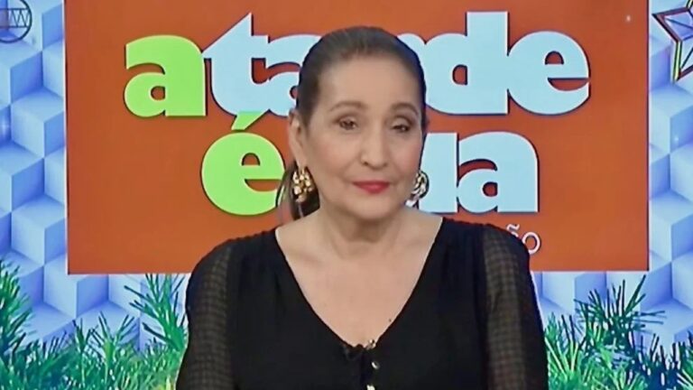 Apresentadora de programa de TV em estúdio, vista do busto para cima, olha para a câmera com expressão serena. Ela veste blusa preta de mangas transparentes e brincos dourados. Ao fundo, um painel colorido exibe o logotipo e o nome do programa “A Tarde é Sua”, com elementos gráficos em tons de laranja, verde e azul.