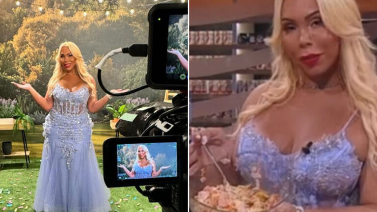 Suellen Carey usa vestido azul claro em estúdio de gravação com câmeras e segura prato de salpicão durante bastidores de filmagem