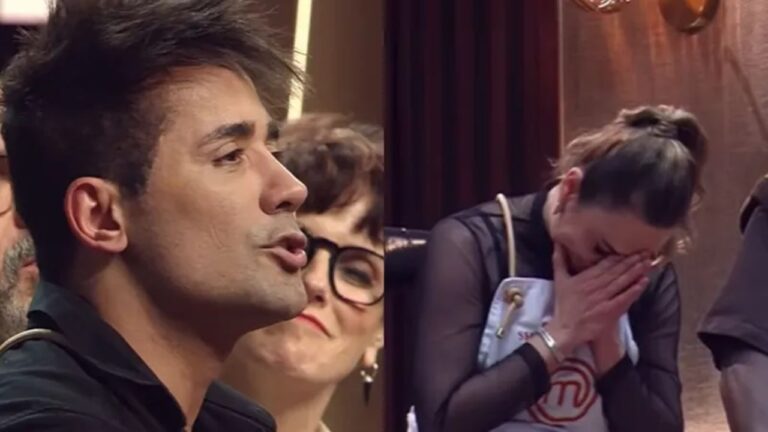 Montagem mostra participante falando e mulher de avental do MasterChef chorando emocionada durante o programa