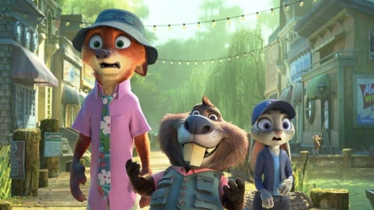 Nick Wilde, Judy Hopps e um castor conversam surpresos em rua de Zootopia cercada por prédios coloridos