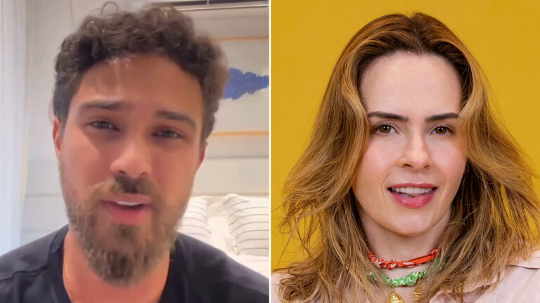 André Luiz Frambach em vídeo selfie e Ana Paula Renault em retrato de estúdio aparecem lado a lado em montagem