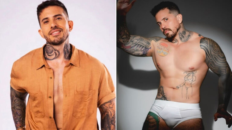 Arthur O Urso posa de camisa social mostarda aberta e sem camisa exibindo tatuagens nos braços e abdômen em montagem fotográfica