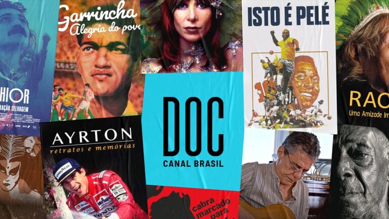 Montagem com cartazes de documentários brasileiros como Garrincha Alegria do Povo Ayrton Retratos e Memórias e Isto É Pelé ao redor do logo Doc Canal Brasil