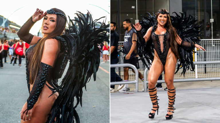 Carla Silva como musa da Colorado do Brás usa fantasia preta com asas de penas e pedrarias no Carnaval de SP