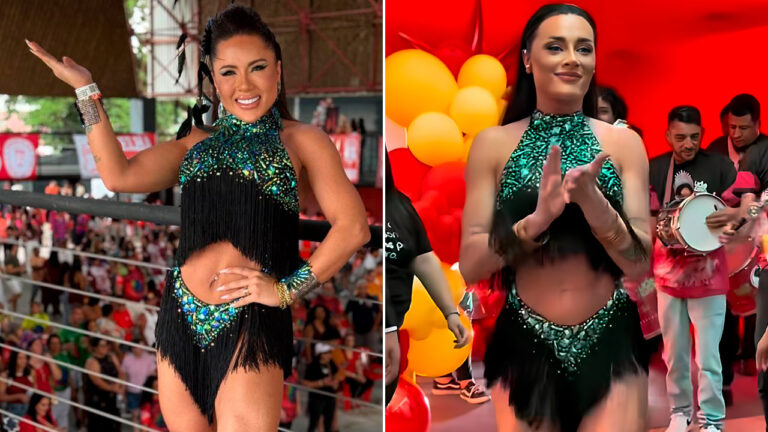 Carla Silva e Juju Salimeni sorridentes usam fantasias pretas com brilhos verdes e franjas durante eventos diferentes de Carnaval