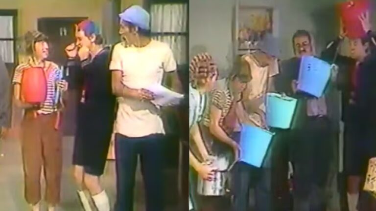 Montagem com duas cenas do seriado mexicano Chaves mostrando personagens característicos em ambientes simples e coloridos. À esquerda, três personagens conversam animadamente em um pátio, com o menino de boné segurando um barril vermelho. À direita, o grupo está reunido dentro de uma casa, segurando baldes de diferentes cores como se tentassem conter goteiras no teto.