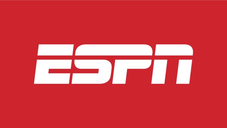 Logotipo da ESPN em branco sobre fundo vermelho, com letras estilizadas em negrito representando a marca do canal esportivo.
