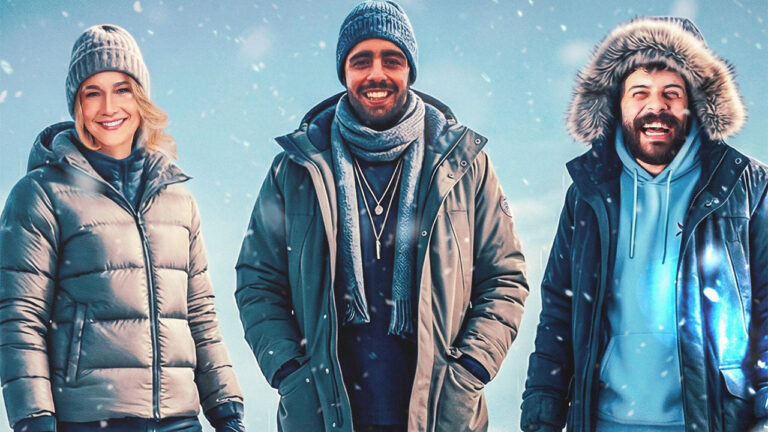 Fernanda Gentil, Pedro Scooby e Diogo Defante sorriem com roupas pesadas de frio em foto promocional das Olimpíadas de Inverno na Cazé TV