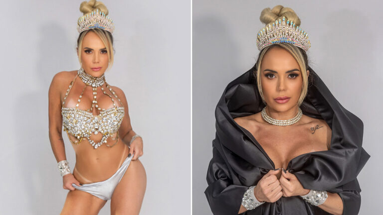 Francine Carvalho usa coroa de cristais e fantasia de Carnaval prateada com pedrarias em ensaio fotográfico para o Carnaval 2026