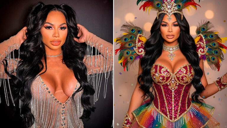 Gabi Fatalle posa em fotos com figurino de Carnaval colorido e fantasia com penas e pedrarias em estúdio e produção temática