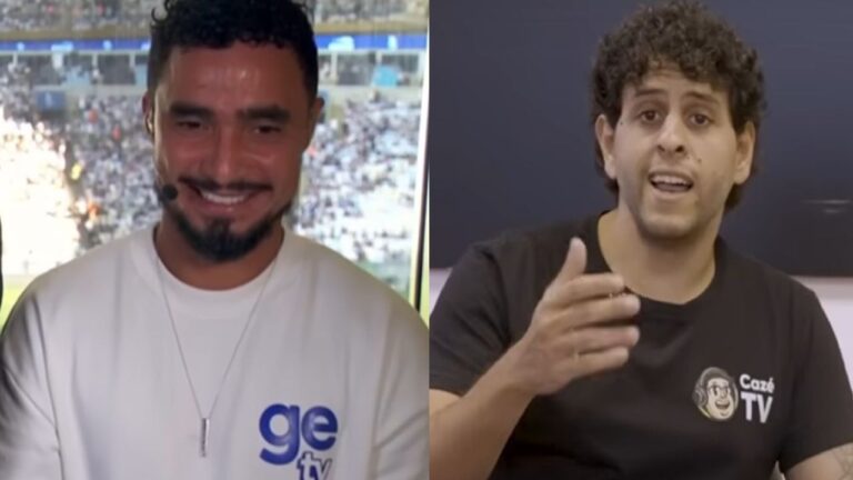 Montagem com dois homens em ambientes diferentes. À esquerda, homem com barba e fone de ouvido sorri vestindo uma camiseta branca com o logotipo “ge tv”, tendo ao fundo um estádio cheio de torcedores. À direita, outro homem gesticula enquanto fala, vestindo uma camiseta preta com o logotipo “Cazé TV”, em um ambiente interno com parede escura.