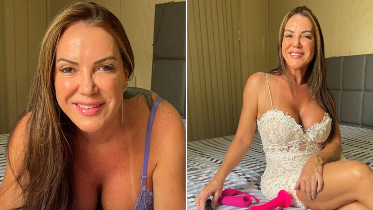 Ivy Mena em montagem deitada usando lingerie roxa rendada e sentada na cama com vestido branco curto de renda e alças finas