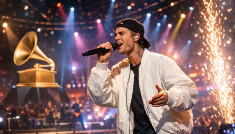Cantor se apresenta em palco iluminado, usando boné virado para trás e jaqueta branca, segurando microfone; ao fundo, há o símbolo dourado do Grammy e efeitos pirotécnicos com faíscas.