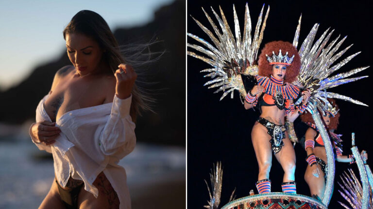 Keila Amaral com camisa branca aberta em ensaio na praia e desfilando no Carnaval com fantasia luxuosa de asas prateadas e brilhos