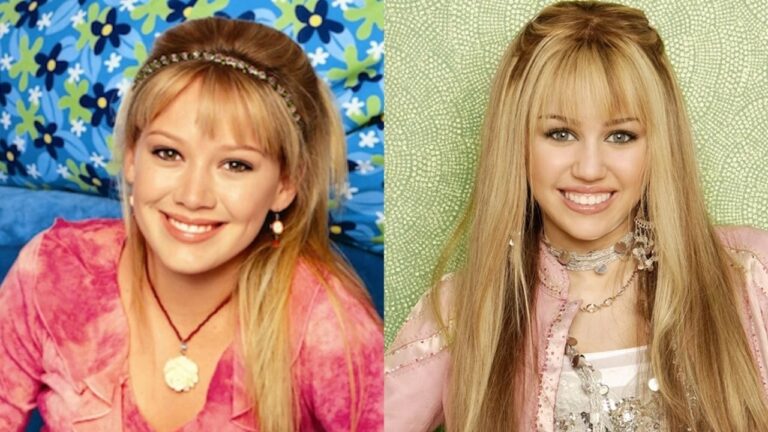 Montagem com duas jovens sorrindo, ambas de cabelo loiro e roupas cor-de-rosa, em cenários coloridos e brilhantes