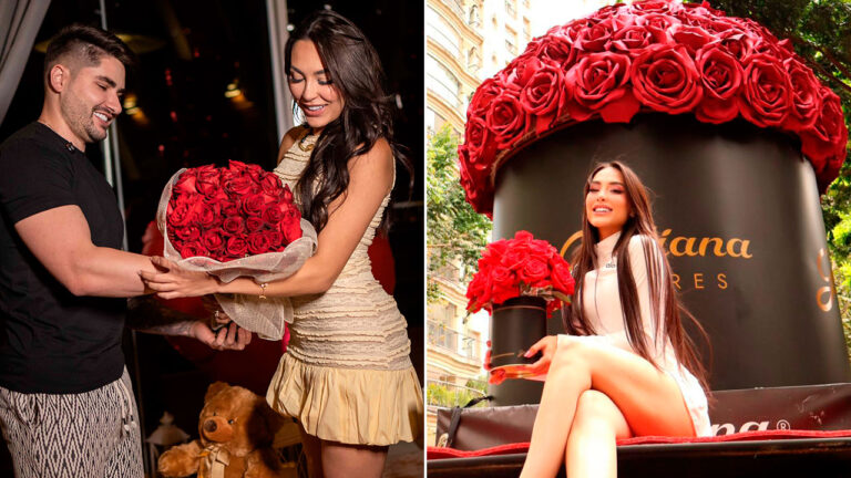 Lucas Souza entrega buquê de rosas vermelhas para Suzi Sassaki em clima romântico enquanto ela sorri com um vestido claro justo