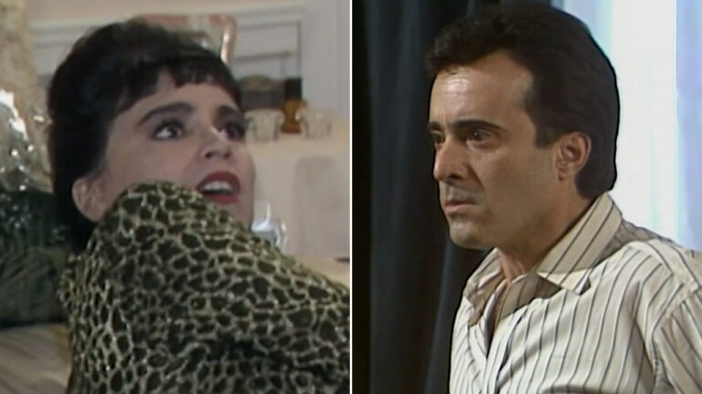 Regina Duarte como Maria do Carmo em estampa de onça e Tony Ramos como Edu de camisa listrada em cena da novela Rainha da Sucata