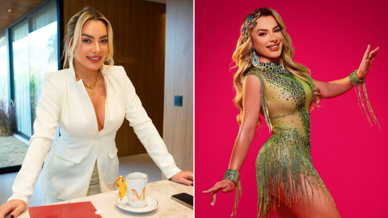 Marina Orlanda em montagem com duas fotos, à esquerda de blazer branco em ambiente interno e à direita com figurino verde fundo rosa