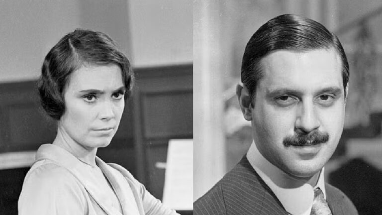 Montagem em preto e branco com duas pessoas retratadas separadamente. À esquerda, uma mulher de cabelo curto e escuro, usando uma blusa clara, olha com expressão séria. À direita, um homem de cabelo penteado para trás e bigode, vestindo terno e gravata, encara a câmera com leve sorriso.