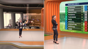 Montagem mostra o novo cenário do Bom Dia Brasil com telão exibindo a tabela do Brasileirão Série A e apresentadora em estúdio da Globo