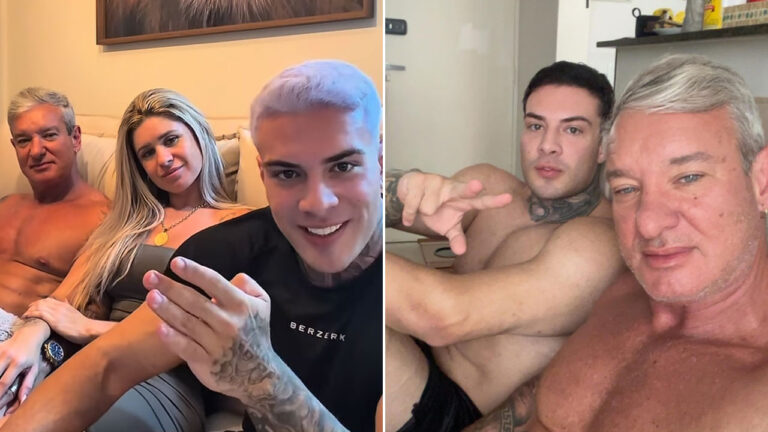 Rafa Marttinz de cabelo lilás sorri ao lado do pai e da madrasta em montagem de fotos publicadas pelo influenciador no Instagram