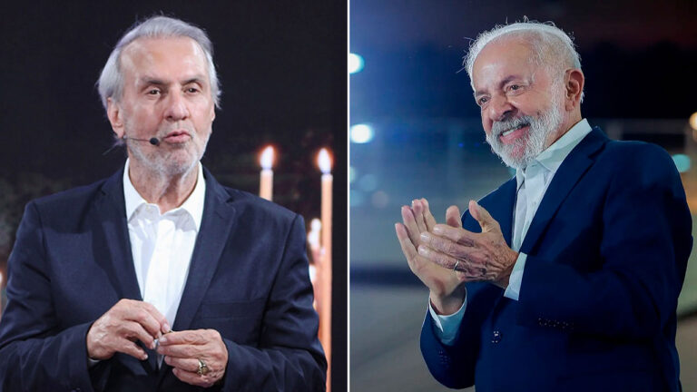 Robério de Ogum fala em estúdio com microfone de lapela e Lula sorri aplaudindo em evento noturno em montagem lado a lado