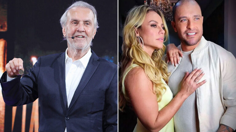 Robério de Ogum de terno segura medalha em montagem com Paolla Oliveira abraçada com Diogo Nogueira sorrindo de roupas claras