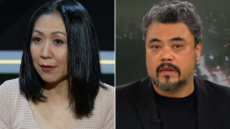 Thaís Oyama com blusa bege em estúdio e Leonardo Sakamoto de terno preto em montagem de comentaristas durante participações na TV Cultura