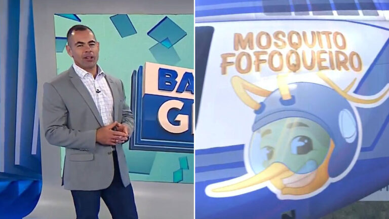 Tino Junior de paletó cinza no Balanço Geral e montagem com o personagem Mosquito Fofoqueiro estampado na lateral de um helicóptero