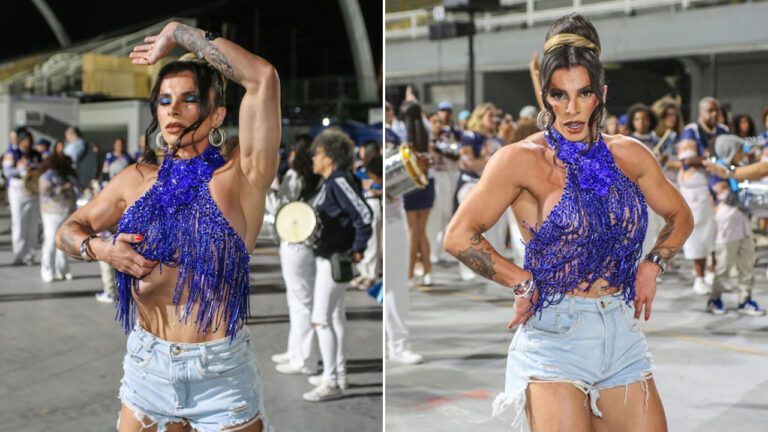 Vivian Cristinelle usa top azul de franjas e short jeans durante ensaio técnico da escola de samba Acadêmicos do Tatuapé no Anhembi