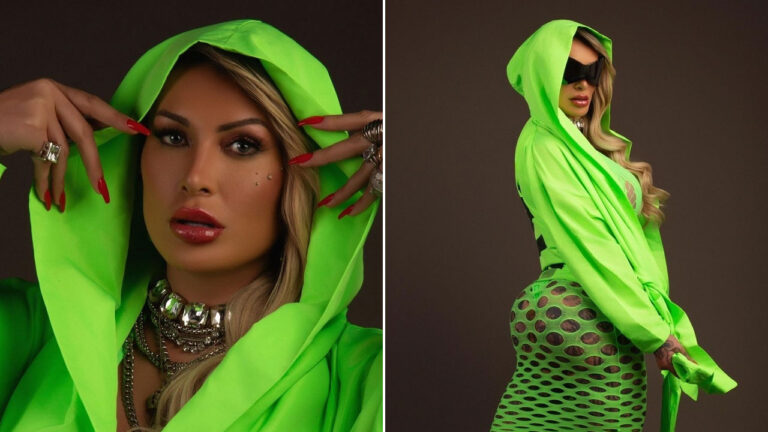 Andressa Urach de capuz verde neon, unhas vermelhas longas e colares de cristal em close, ao lado, foto de corpo inteiro com saia de rede vazada