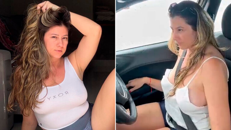 Montagem com fotos de Bella Mantovani, à esquerda ela posa com regata branca e cabelos longos, à direita ela dirige carro usando cinto de segurança