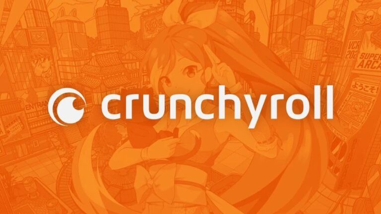 Logotipo da Crunchyroll em fundo laranja com ilustração de personagem de anime ao fundo representando a plataforma de streaming de animes