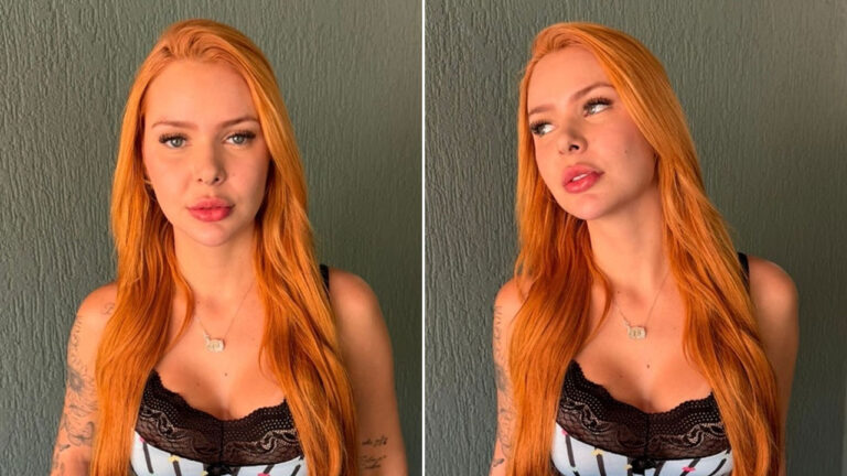 Flávia Barone ruiva de cabelos longos posa em montagem de duas fotos usando top de renda preta e colar com iniciais sobre fundo de parede verde