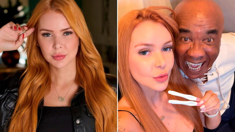Flávia Barone ruiva posa com jaqueta de couro e na imagem ao lado aparece com Kid Bengala sorridente segurando dois testes de gravidez positivos