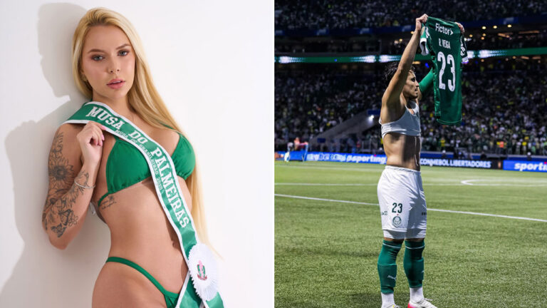 Flávia Barone, Musa do Palmeiras, posa de biquíni verde e faixa, ao lado de Raphael Veiga celebrando gol com a camisa 23 em campo de futebol, estádio ao fundo