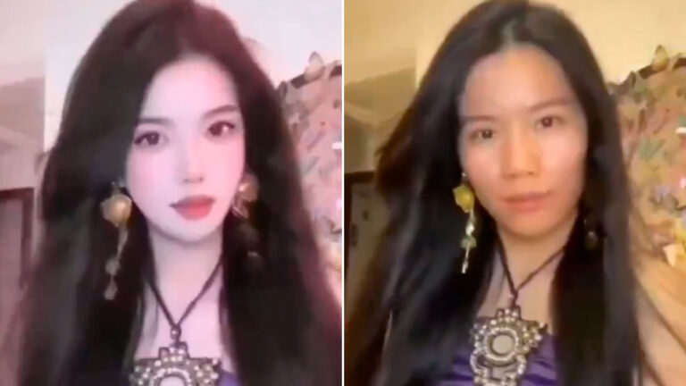 Comparação lado a lado de influenciadora em vídeo com filtro de beleza à esquerda e sem filtro à direita usando os mesmos acessórios e roupa