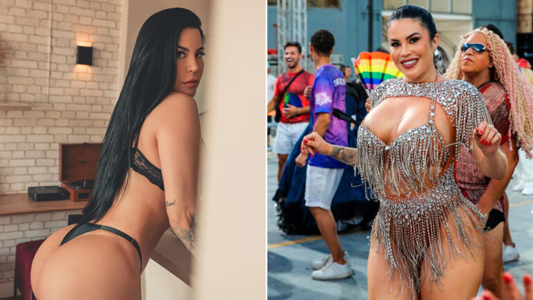 Jéssica Amaral posa de lingerie preta em estúdio e sorri com fantasia de pedrarias prateadas em desfile de Carnaval em montagem de duas fotos distintas